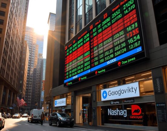 Digital stock market board showing mixed US index performance at market open
