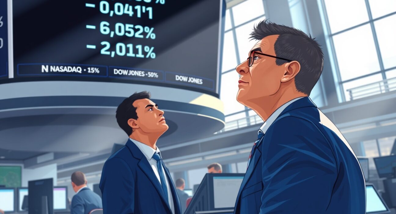 Trader monitoring US stock market indices showing mixed opening performance at New York Stock Exchange