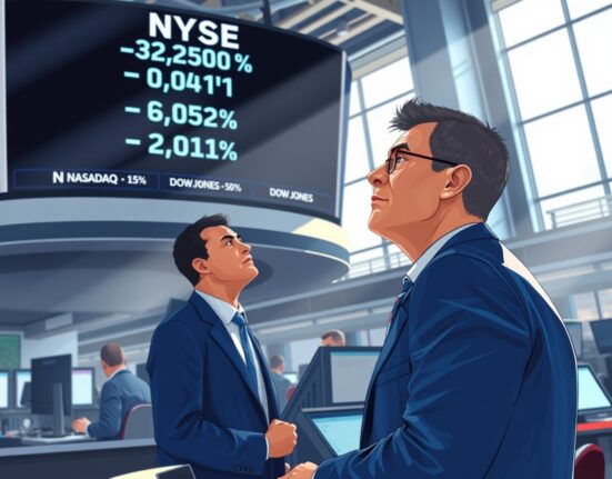 Trader monitoring US stock market indices showing mixed opening performance at New York Stock Exchange