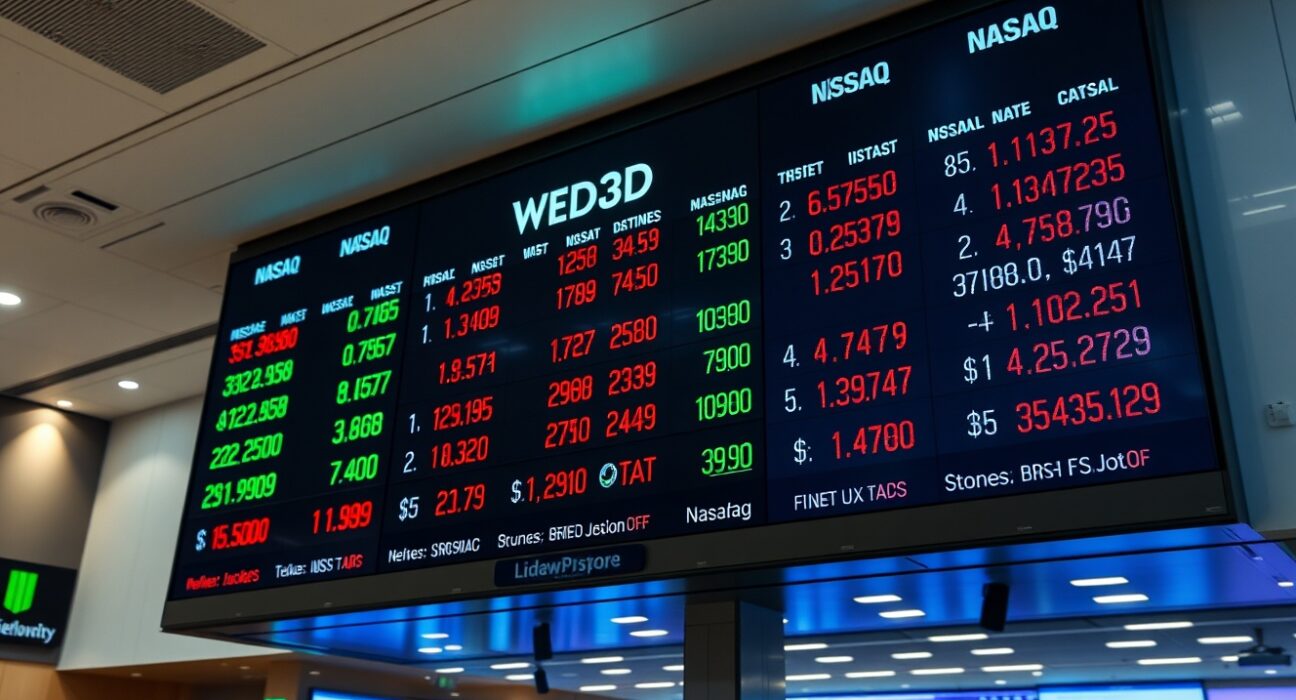 Stock market display board showing mixed index performance with green and red numbers