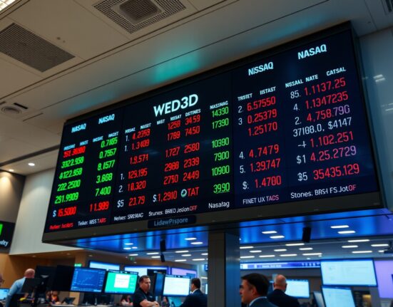 Stock market display board showing mixed index performance with green and red numbers