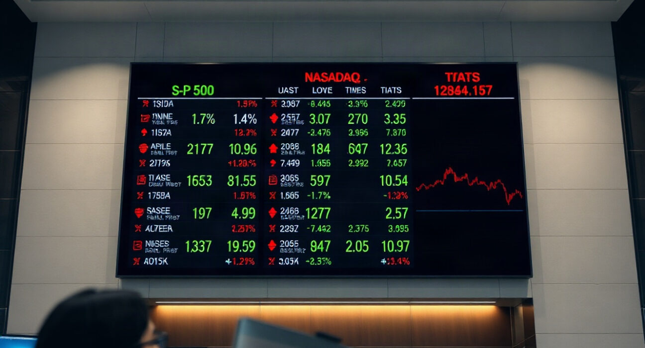 Stock market board showing mixed performance for S&P 500, Nasdaq, and Dow Jones at the opening bell.