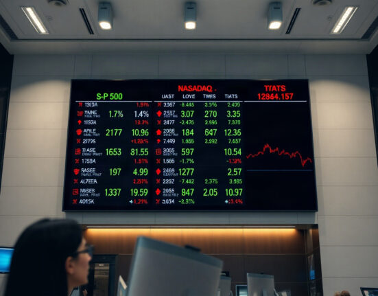 Stock market board showing mixed performance for S&P 500, Nasdaq, and Dow Jones at the opening bell.