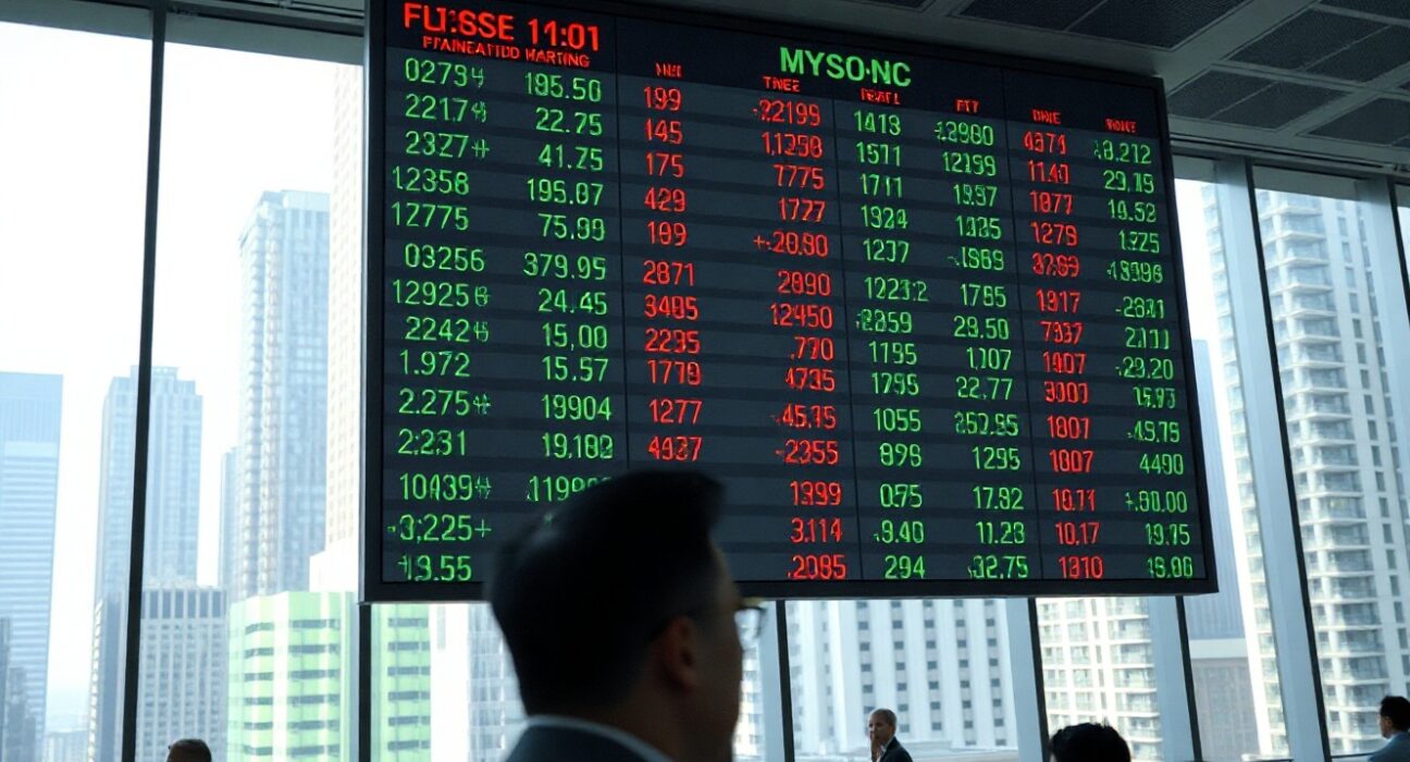 Stock market board showing mixed red and green numbers at market open