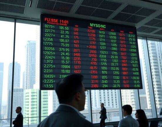Stock market board showing mixed red and green numbers at market open