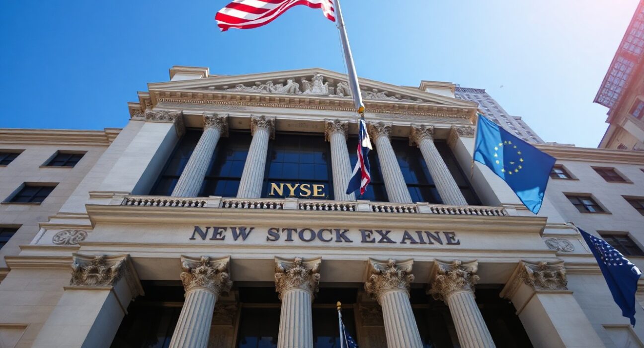 New York Stock Exchange building on a sunny day, symbolizing record-high US equities