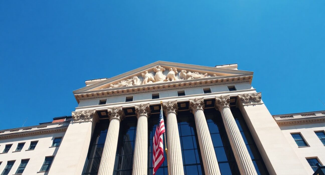 The New York Stock Exchange building with the American flag flying on a clear day, symbolizing the stock market's record-breaking rally.
