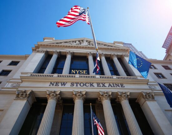 New York Stock Exchange building on a sunny day, symbolizing record-high US equities