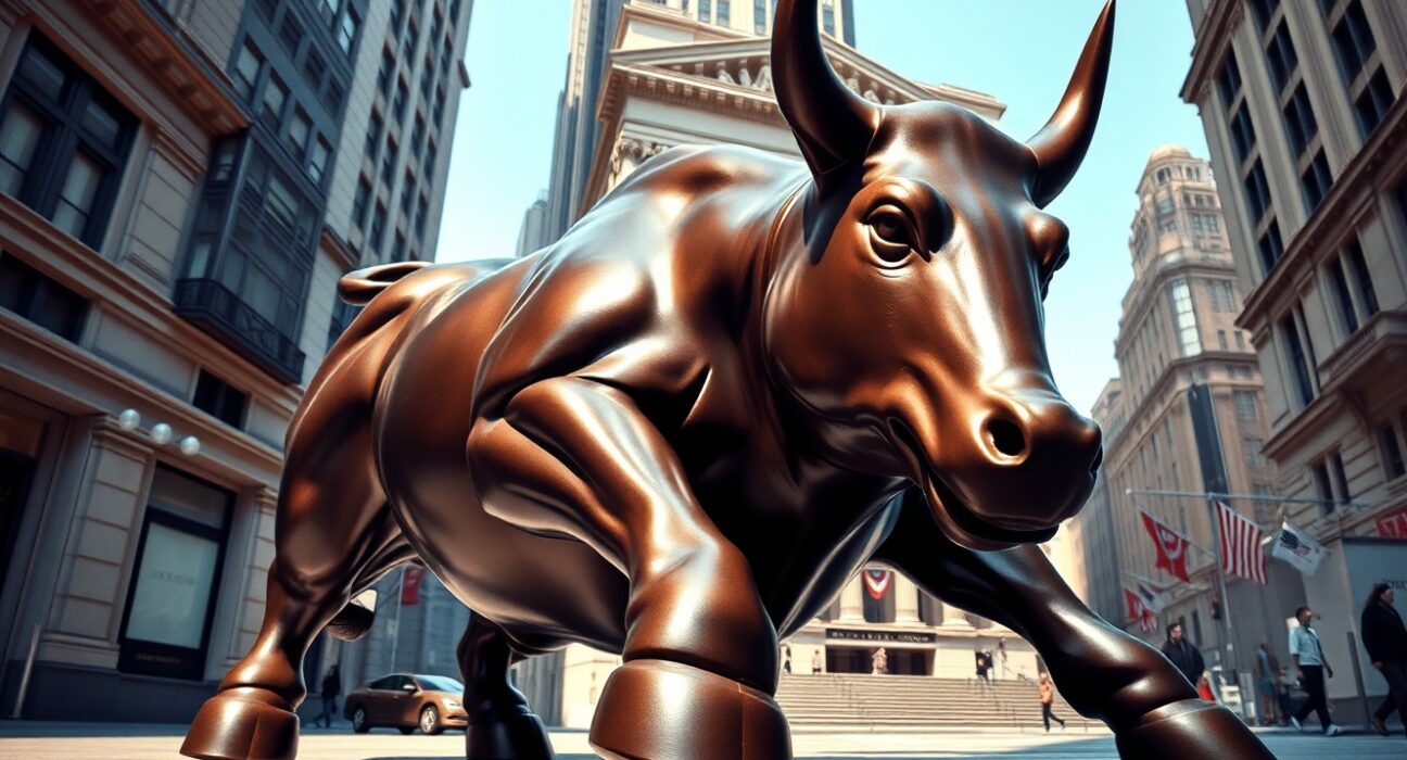Wall Street bull statue representing the powerful US stocks rally and market optimism.