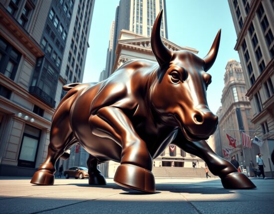 Wall Street bull statue representing the powerful US stocks rally and market optimism.
