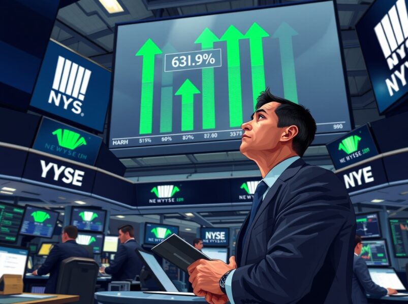 Trader at the New York Stock Exchange during a US stock market rally with green indicators on display boards.