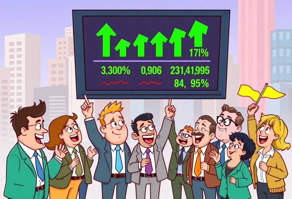 A vibrant cartoon illustration depicting US stocks surging on a market screen, signaling a positive opening for investors.