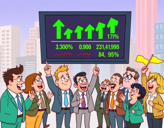 A vibrant cartoon illustration depicting US stocks surging on a market screen, signaling a positive opening for investors.