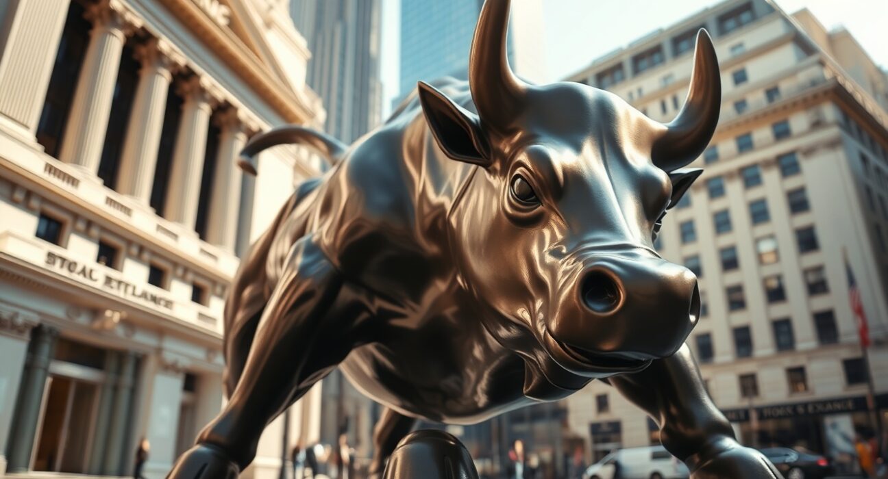 The Wall Street bull statue symbolizes the powerful rally in US stocks and surging market confidence.