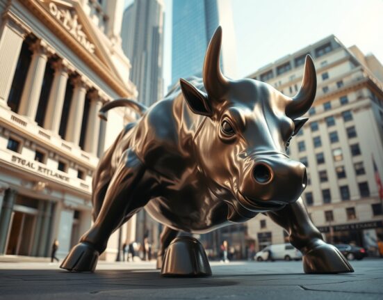 The Wall Street bull statue symbolizes the powerful rally in US stocks and surging market confidence.