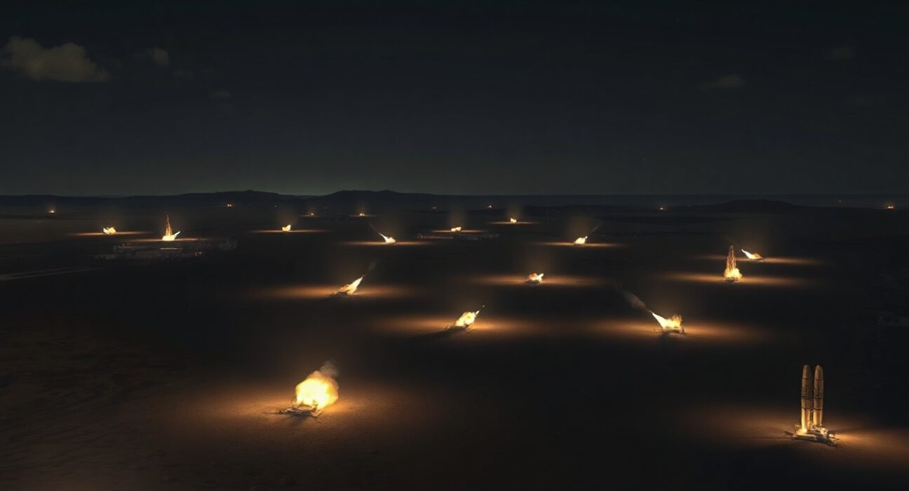 Nighttime aerial view of precision strikes on desert military targets