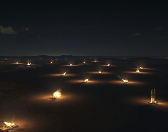 Nighttime aerial view of precision strikes on desert military targets