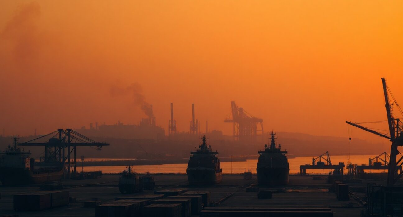 Wide-angle view of a large port with smoke rising from a distant area at dusk