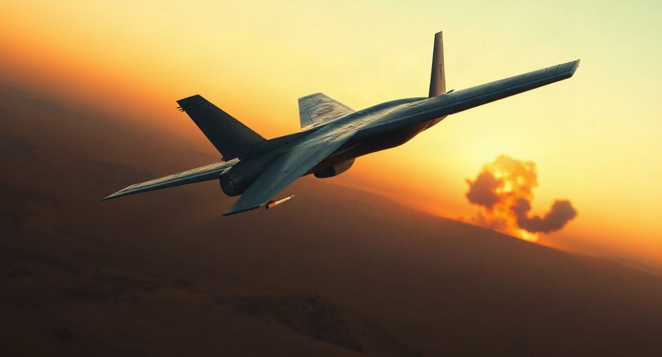 US military aircraft flying over desert with distant smoke plume from a strike