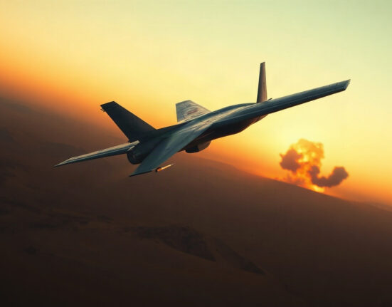 US military aircraft flying over desert with distant smoke plume from a strike