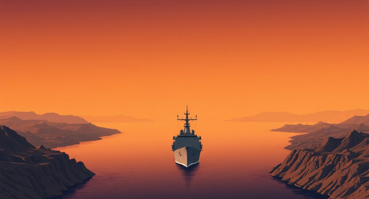 Strategic view of the Strait of Hormuz, a critical global oil shipping chokepoint, during a military operation.