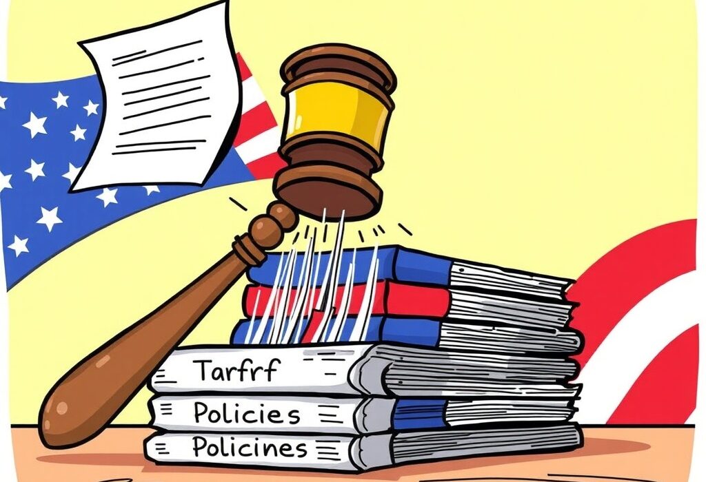 A cartoon illustration symbolizing the US tariff appeal by the Justice Department against a court's trade policy ruling.