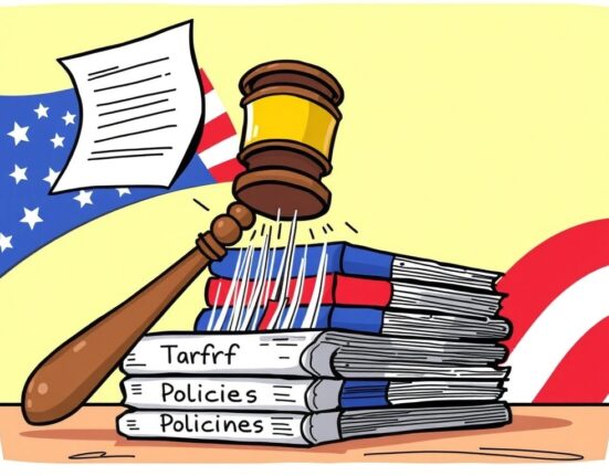 A cartoon illustration symbolizing the US tariff appeal by the Justice Department against a court's trade policy ruling.