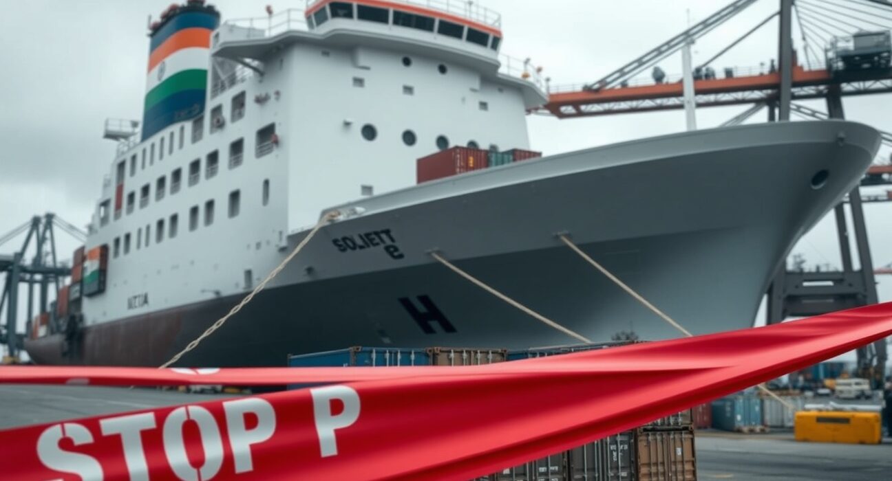 Cargo ship at port with Indian flag and trade restriction barrier