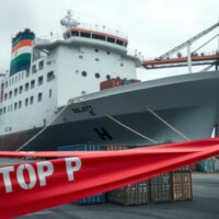 Cargo ship at port with Indian flag and trade restriction barrier
