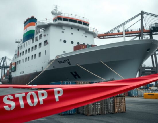 Cargo ship at port with Indian flag and trade restriction barrier