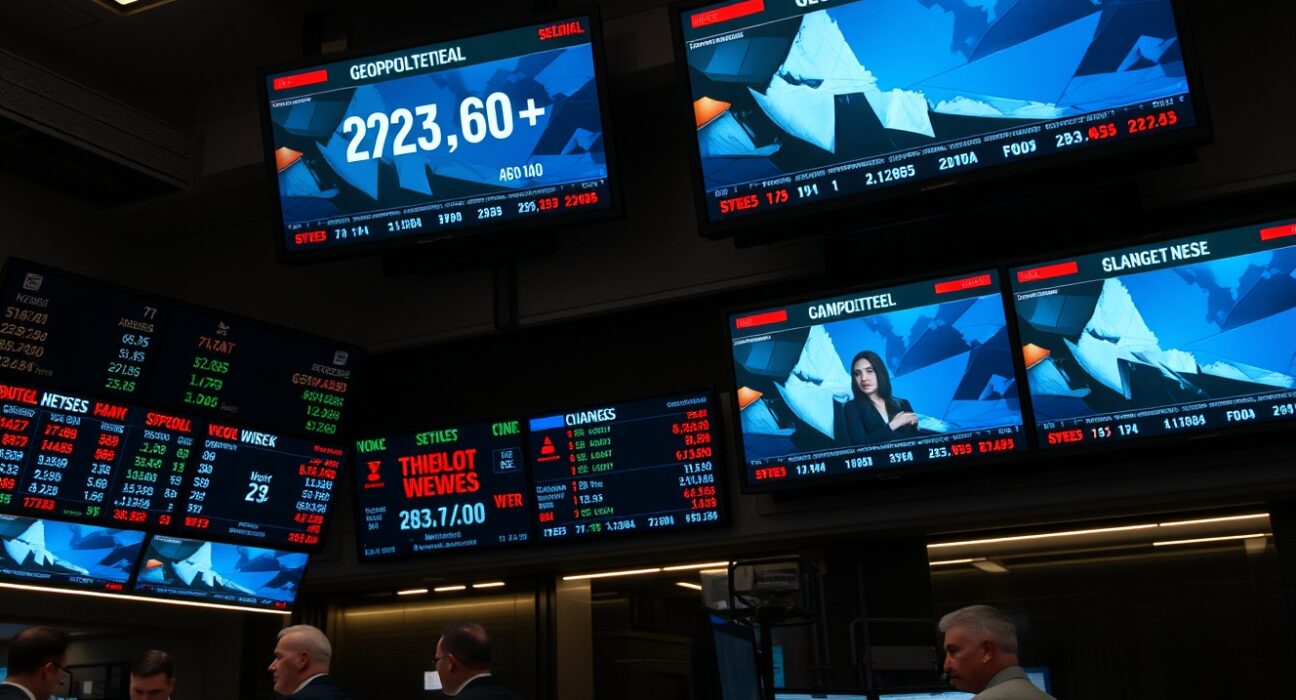 Trading floor with screens showing currency rates and geopolitical news headlines.