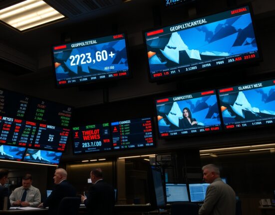 Trading floor with screens showing currency rates and geopolitical news headlines.