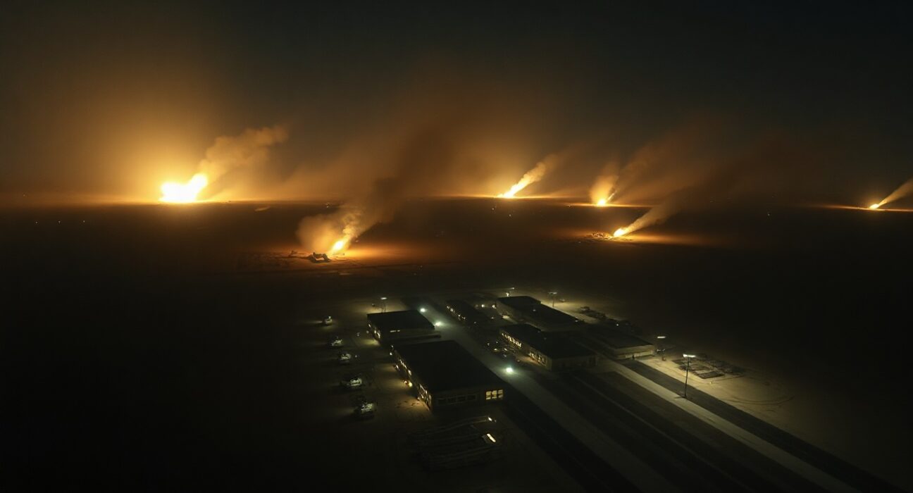 Night aerial view of military installation in desert with explosions and smoke from US airstrikes on Iran