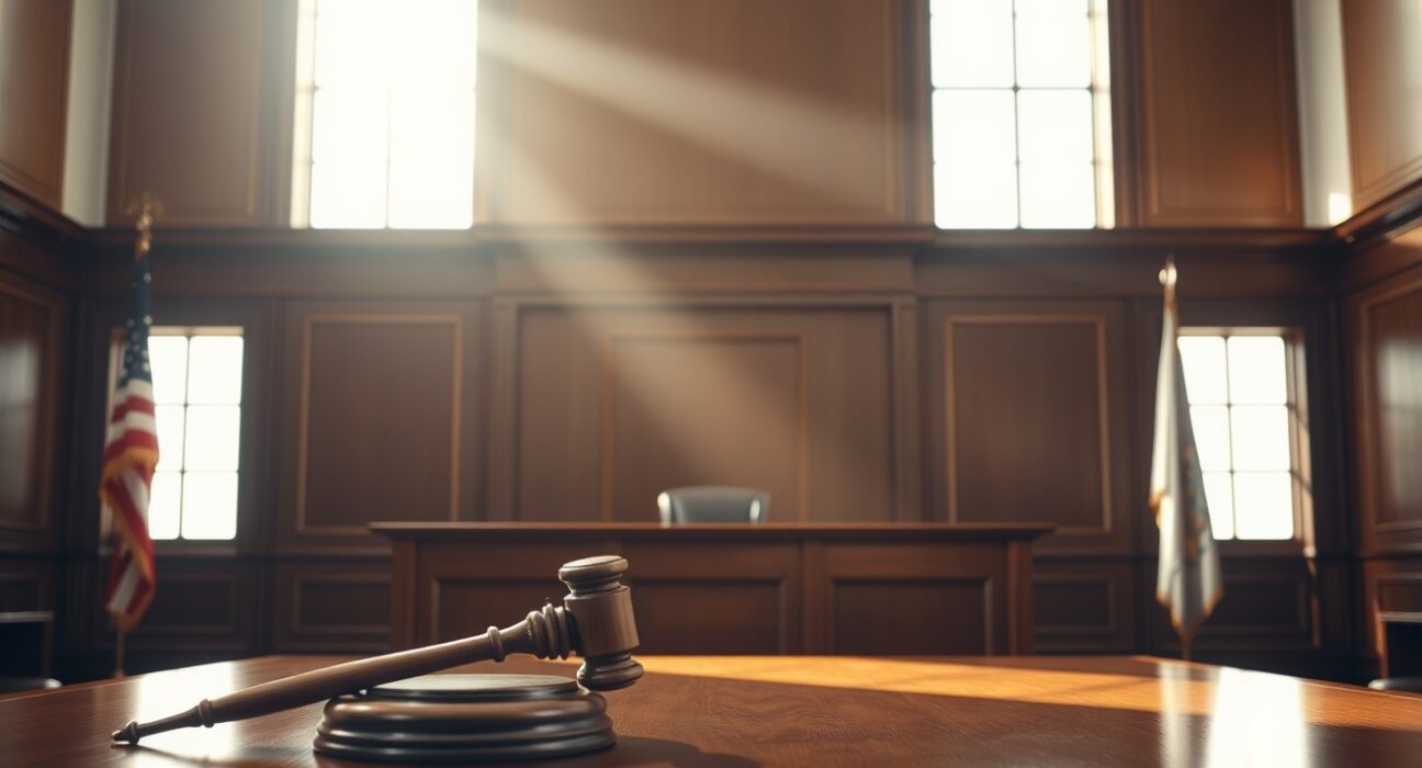 Interior of a US courtroom with a judge's bench and wooden gavel, representing a legal ruling on tariffs.