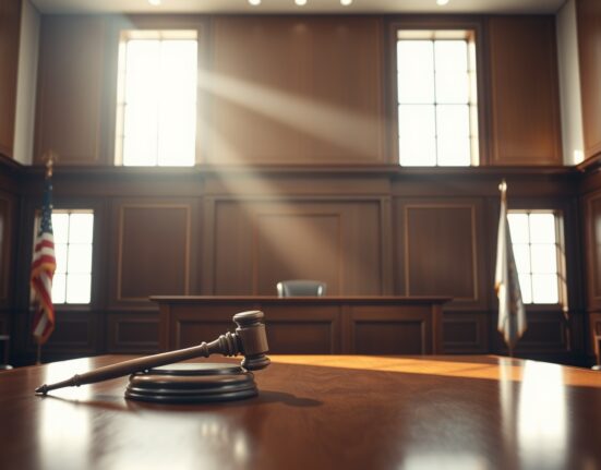Interior of a US courtroom with a judge's bench and wooden gavel, representing a legal ruling on tariffs.