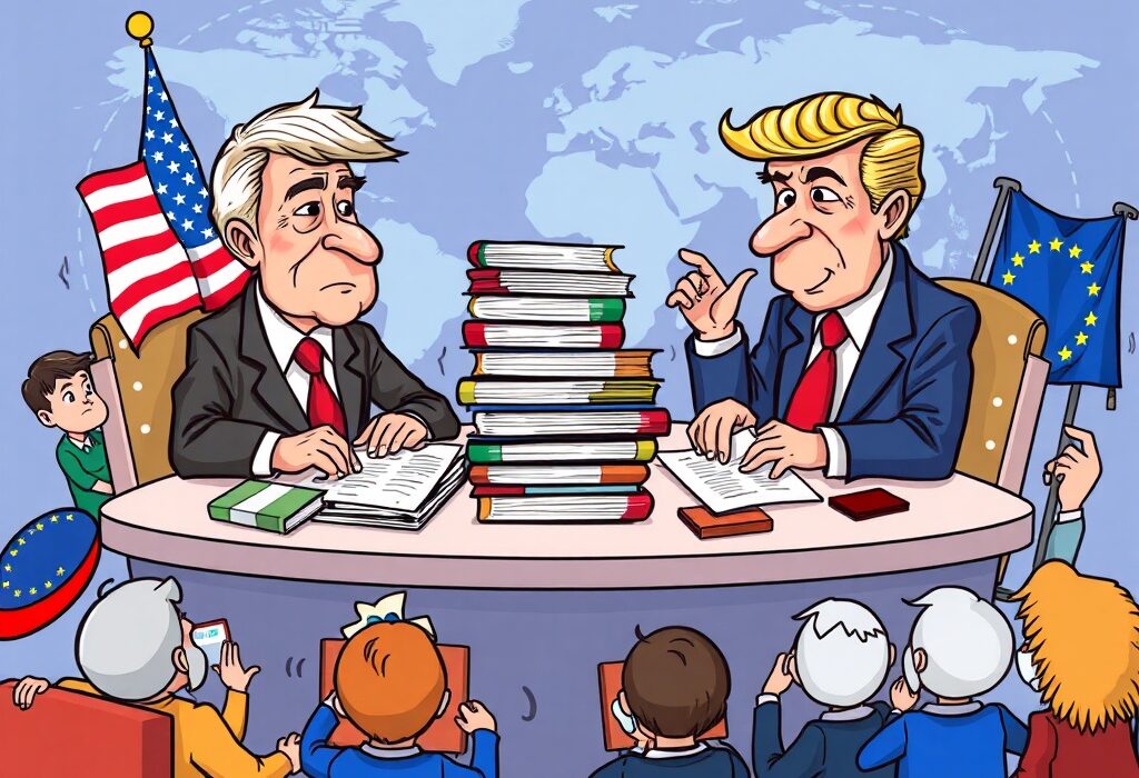 Cartoon illustration showing the impact of US trade deals on global economies, with leaders negotiating tariffs and agreements.