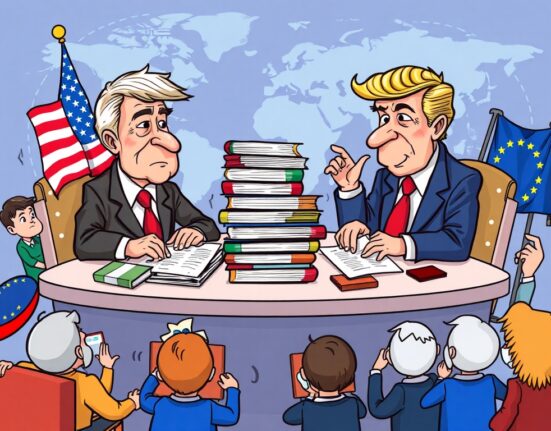 Cartoon illustration showing the impact of US trade deals on global economies, with leaders negotiating tariffs and agreements.