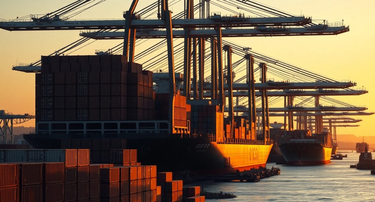 Busy container port with cargo ships and cranes at sunset, representing US international trade.