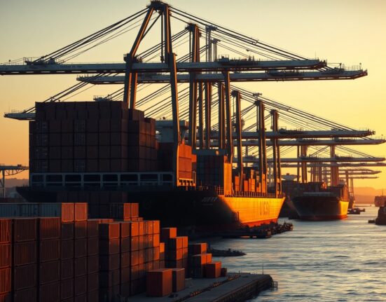Busy container port with cargo ships and cranes at sunset, representing US international trade.