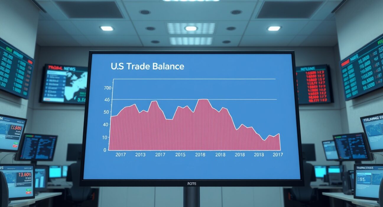 Analysis of the US trade deficit trend on a financial data screen, highlighting Danske Bank's economic forecast.