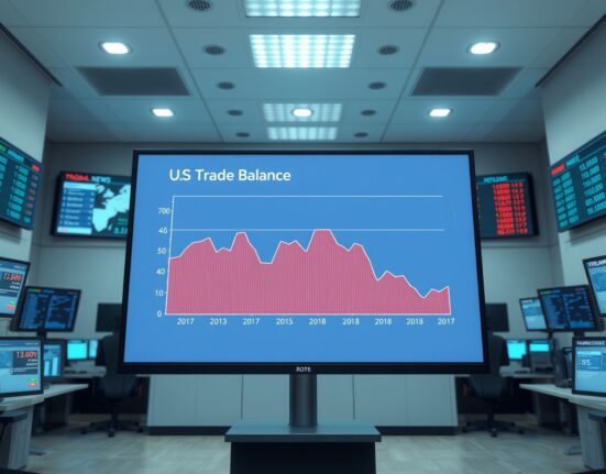 Analysis of the US trade deficit trend on a financial data screen, highlighting Danske Bank's economic forecast.
