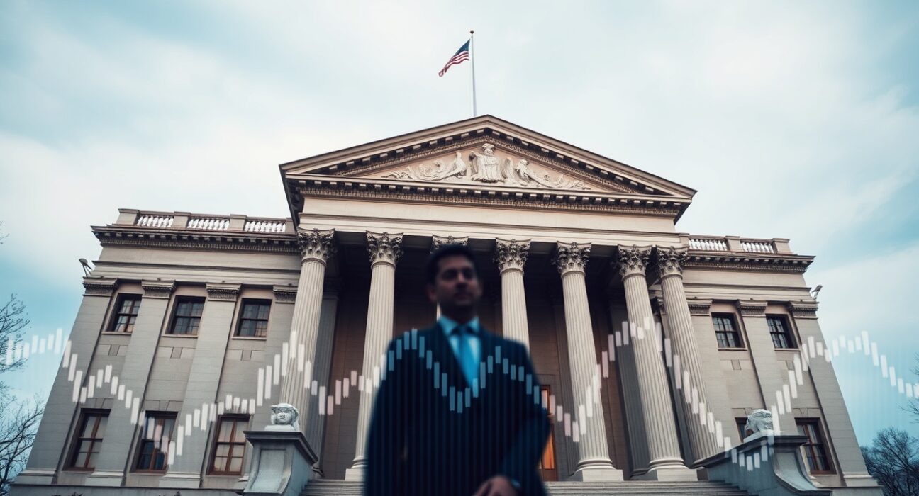 U.S. Treasury building in Washington, D.C., on a cloudy day, symbolizing bond market pressure.