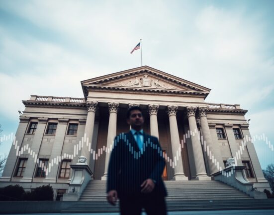 U.S. Treasury building in Washington, D.C., on a cloudy day, symbolizing bond market pressure.