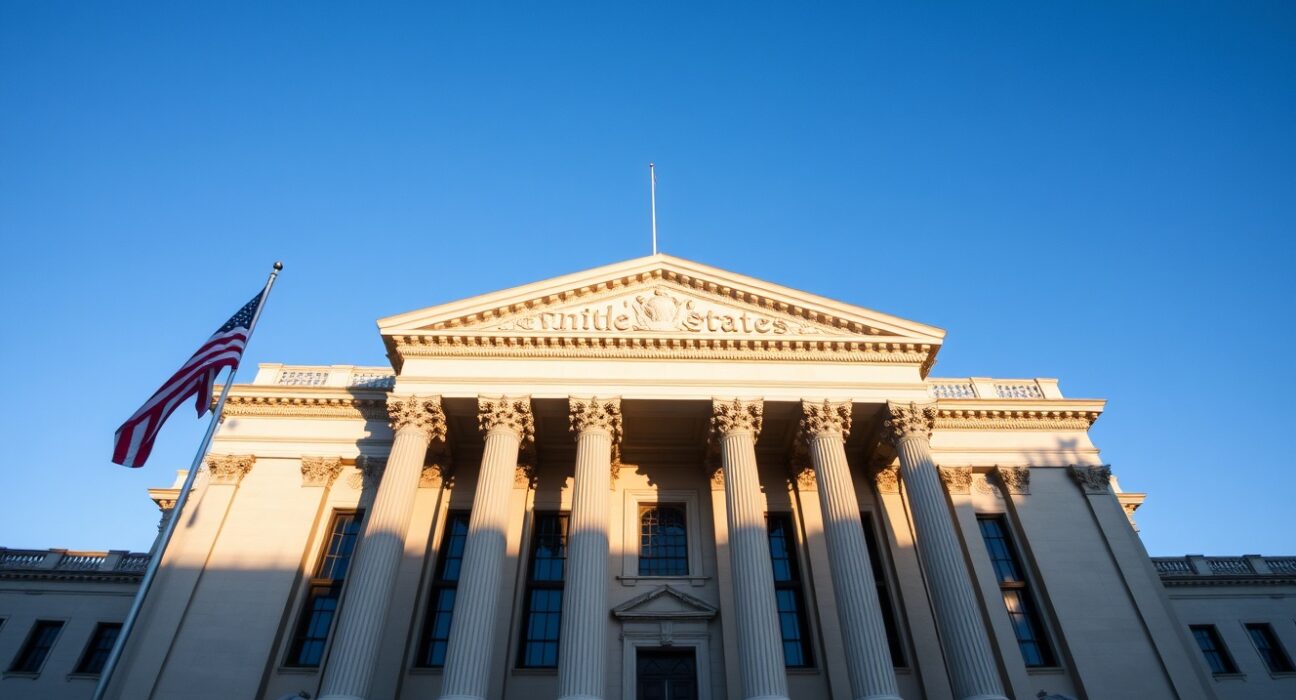 US Treasury building facade on a sunny day, symbolizing government debt auctions and interest rate changes.