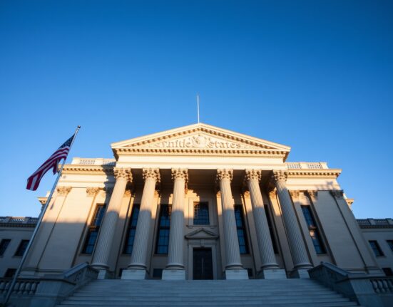 US Treasury building facade on a sunny day, symbolizing government debt auctions and interest rate changes.