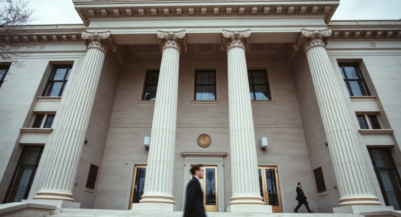 US Treasury building exterior on a cloudy day, symbolizing regulatory authority over Binance.