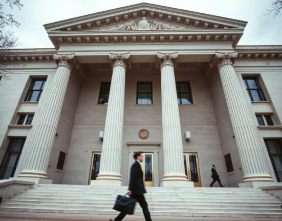 US Treasury building exterior on a cloudy day, symbolizing regulatory authority over Binance.