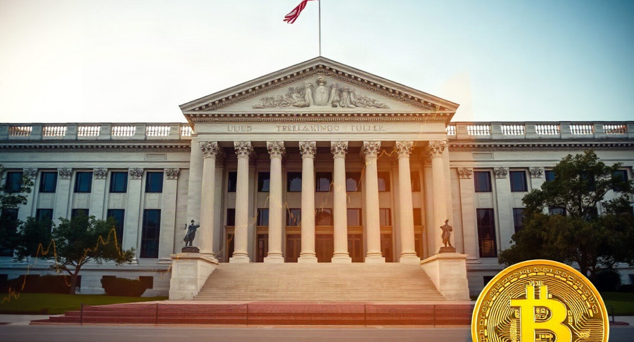 U.S. Treasury building with bond yield charts and Bitcoin symbol overlay