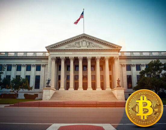 U.S. Treasury building with bond yield charts and Bitcoin symbol overlay