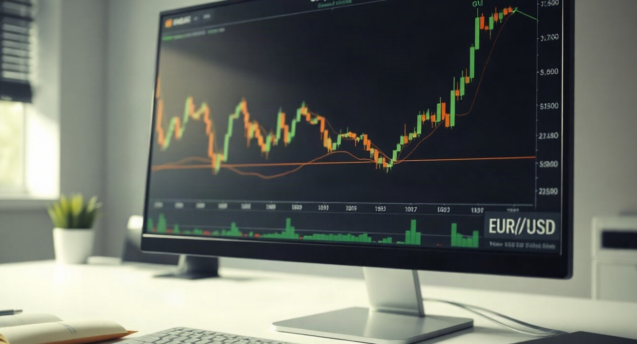Financial charts on a trading screen showing gold, EUR/USD, and crude oil price movements